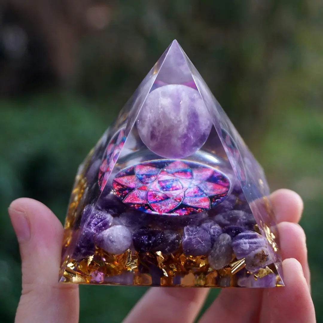 Crystal Orgonite Energy Pyramid – Reiki Infused Chakra Healing Decor Gems Ritual