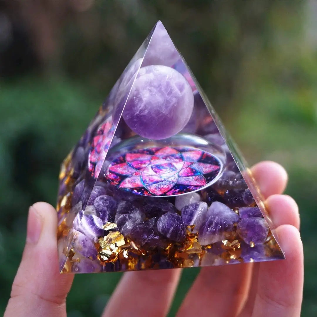 Crystal Orgonite Energy Pyramid – Reiki Infused Chakra Healing Decor Gems Ritual