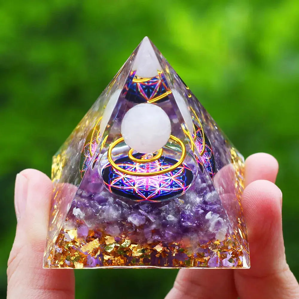 Meditation Orgonite Pyramid with Natural Crystals for Vibrational Healing Gems Ritual