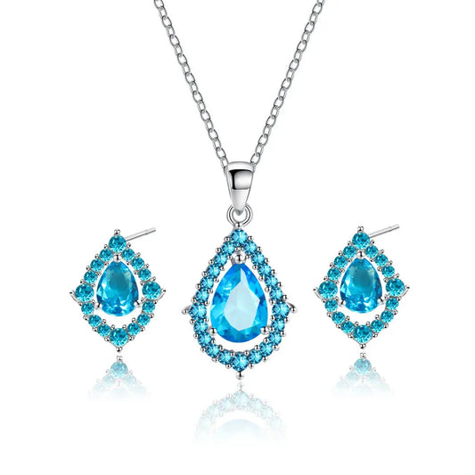 Zircon Gemstone Wedding Necklace Set with Earrings – Sea Blue & White Options - Gems Ritual