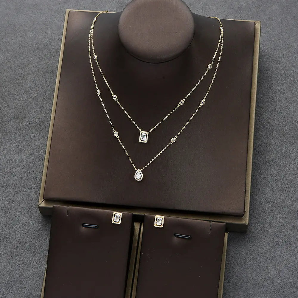 Elegant Zircon Set with Drop Earrings and Square Necklace - Gems Ritual