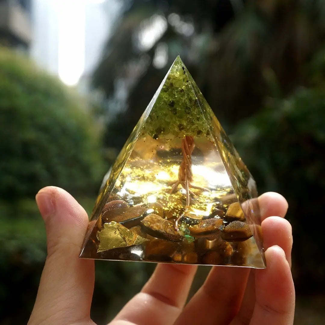 Crystal Orgonite Energy Pyramid – Reiki Infused Chakra Healing Decor Gems Ritual
