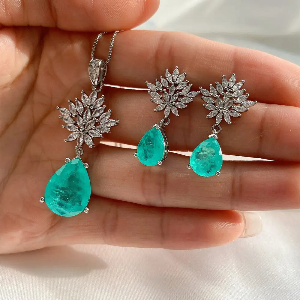 Sparkling Turquoise Jewelry Set – Zircon Floral Elegance - Gems Ritual