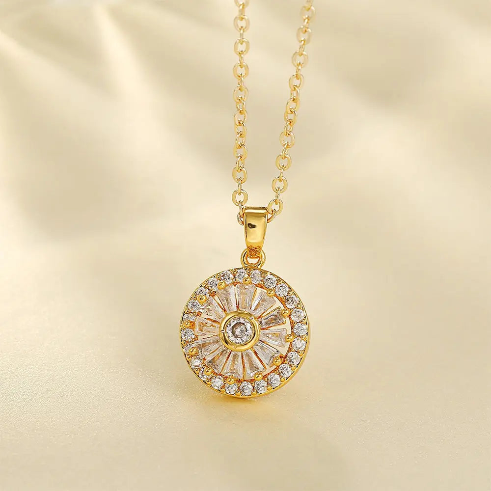 Elegant Sunburst Zircon Pendant Necklace – Gold-Plated Chain Design - Gems Ritual