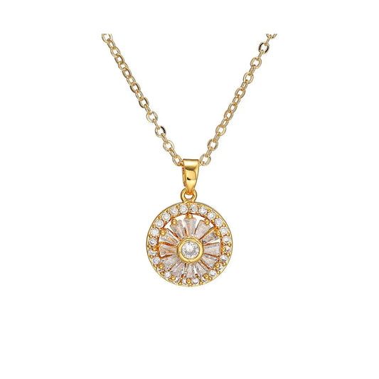 Elegant Sunburst Zircon Pendant Necklace – Gold-Plated Chain Design - Gems Ritual