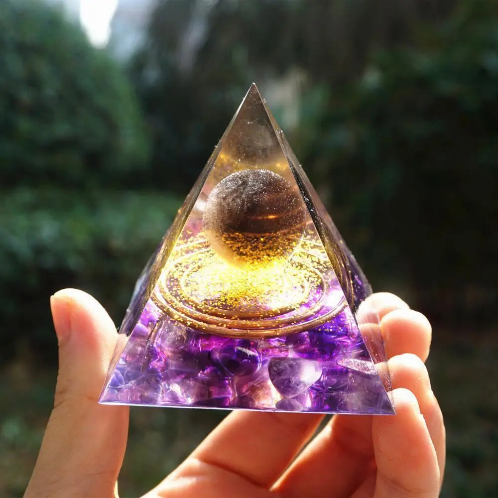 Crystal Orgonite Energy Pyramid – Reiki Infused Chakra Healing Decor Gems Ritual