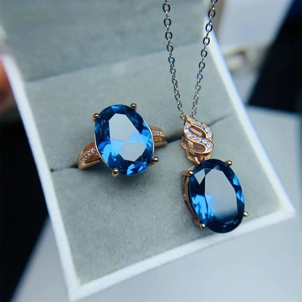 Blue Topaz Gemstone Jewelry Set – Pendant and Oval Ring - Gems Ritual