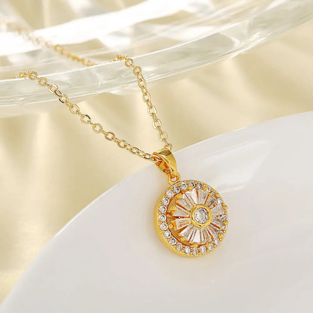 Elegant Sunburst Zircon Pendant Necklace – Gold-Plated Chain Design - Gems Ritual