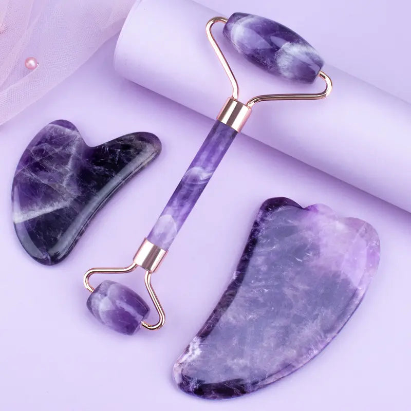 Premium Amethyst Face Roller & Scraping Tool Kit Gems Ritual
