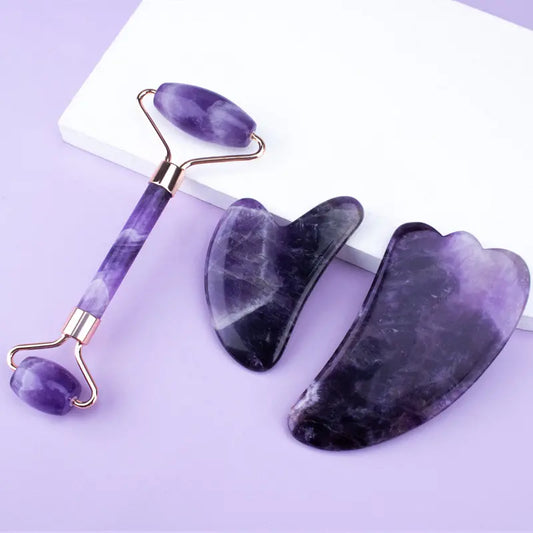 Premium Amethyst Face Roller & Scraping Tool Kit Gems Ritual