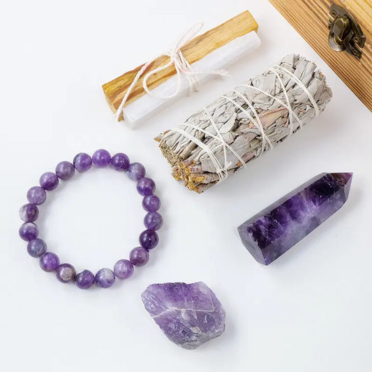 Mystical Healing Crystal Box with Amethyst and Rose Quartz Essentials - Gems Ritual