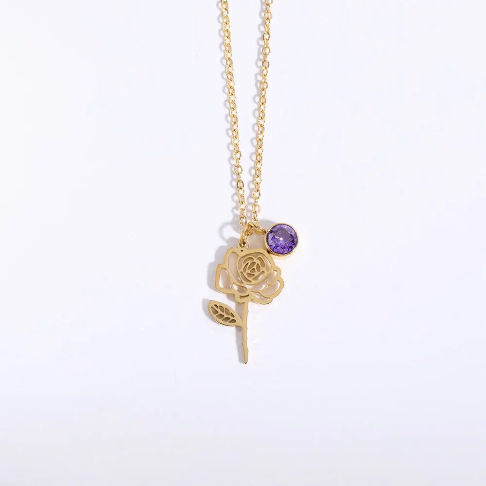 Personalized Birthstone Necklace – Elegant Zircon Flower Pendant Gems Ritual