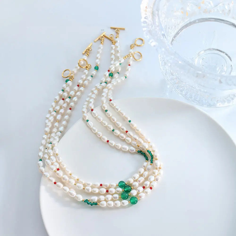 Minimalist Green Agate Necklace with Pearls - Gems Ritual