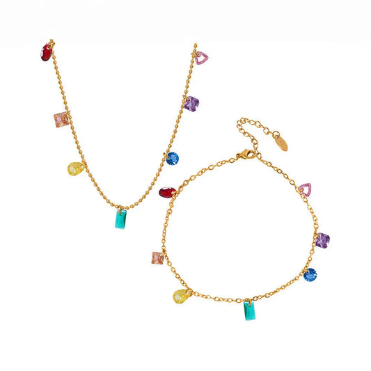 Minimalist Rainbow Gem Jewelry – Necklace and Bracelet Set Gems Ritual