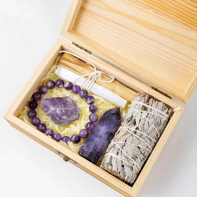 Mystical Healing Crystal Box with Amethyst and Rose Quartz Essentials - Gems Ritual