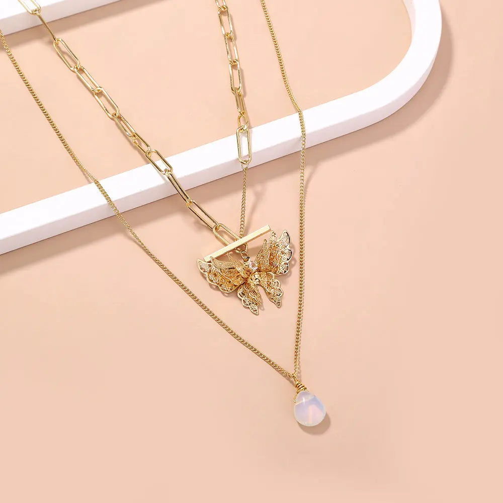 Natural Stone Butterfly Necklace - Gold Layered Jewelry for Boho Fashion - Gems Ritual