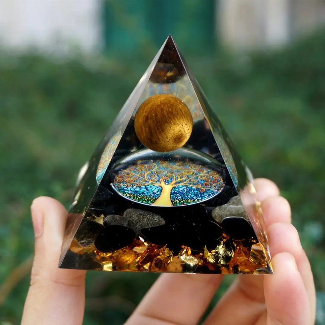 Crystal Orgonite Energy Pyramid – Reiki Infused Chakra Healing Decor Gems Ritual