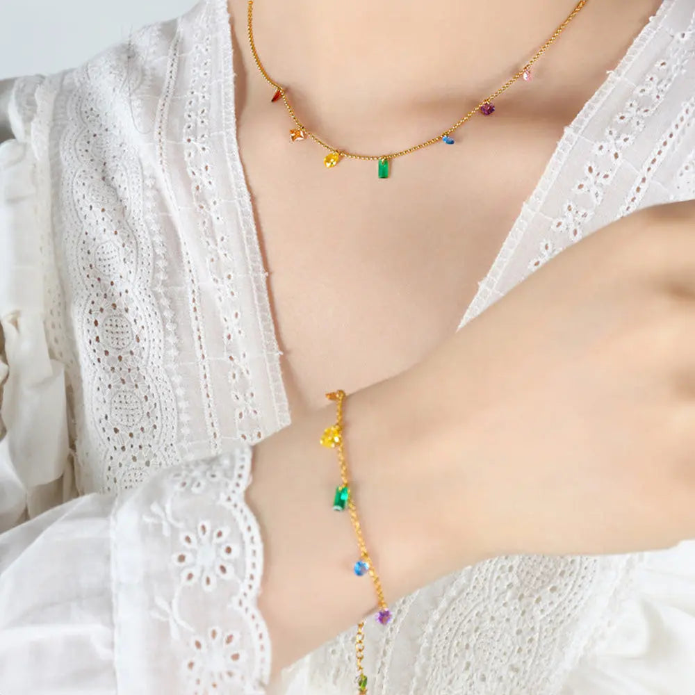 Minimalist Rainbow Gem Jewelry – Necklace and Bracelet Set Gems Ritual