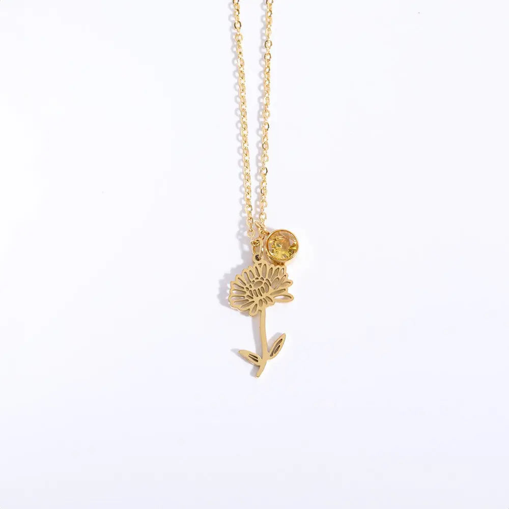 Personalized Birthstone Necklace – Elegant Zircon Flower Pendant Gems Ritual