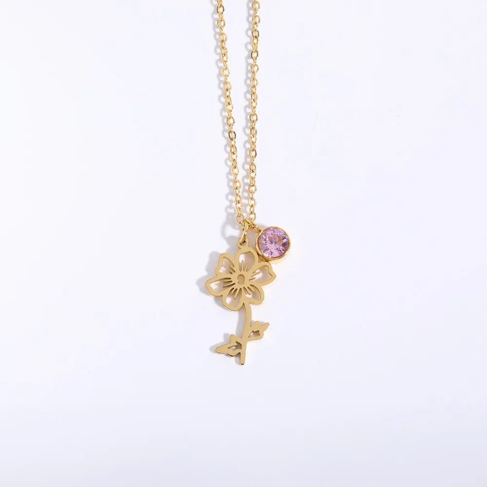 Personalized Birthstone Necklace – Elegant Zircon Flower Pendant Gems Ritual