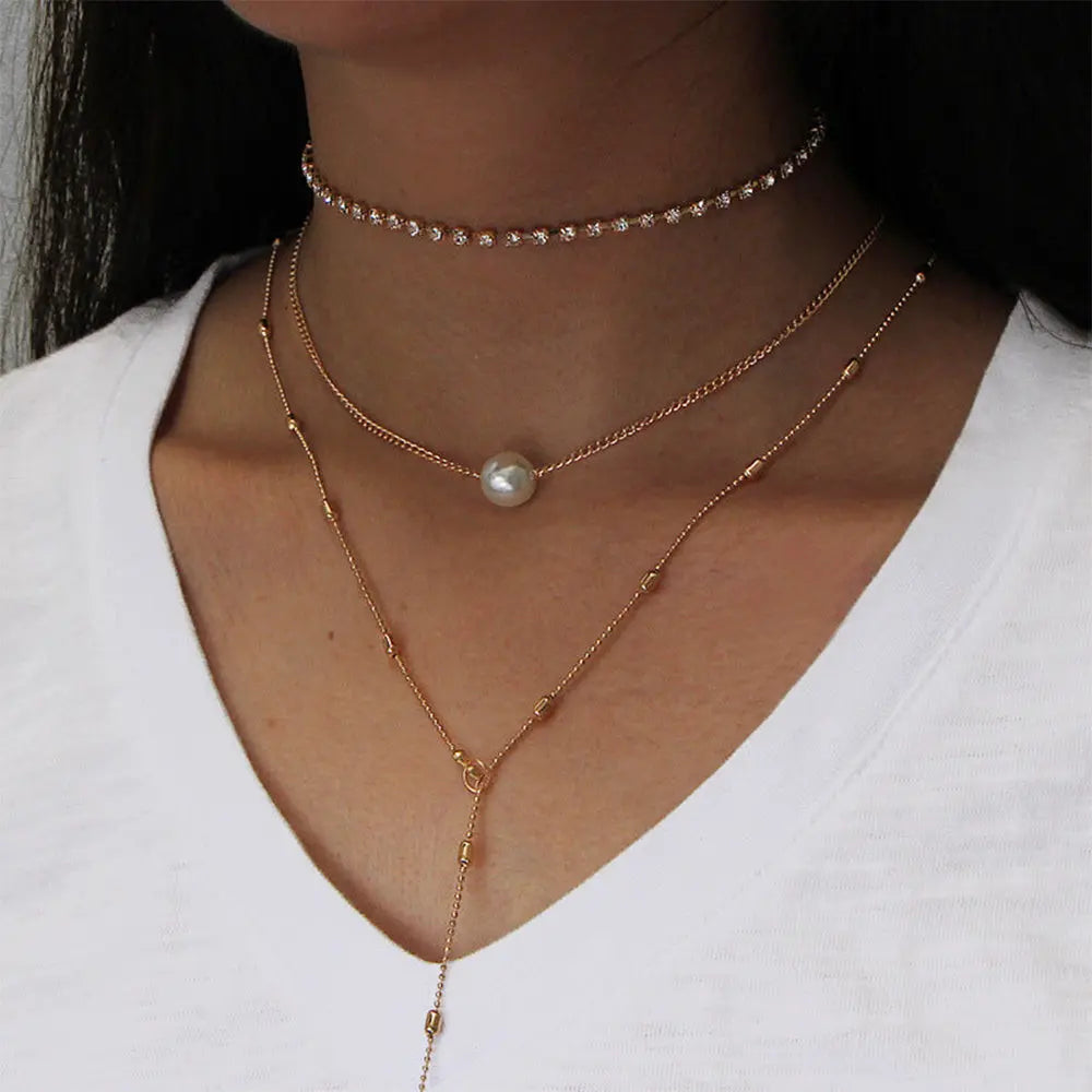 Minimalist Three-Layer Necklace Set with Pearl and Crystal Pendant - Gems Ritual
