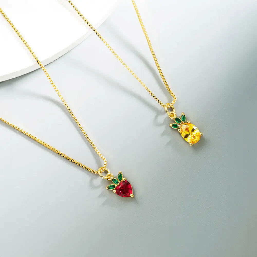 Tropical Fruit Zircon Jewelry Set – Strawberry and Pineapple Design - Gems Ritual