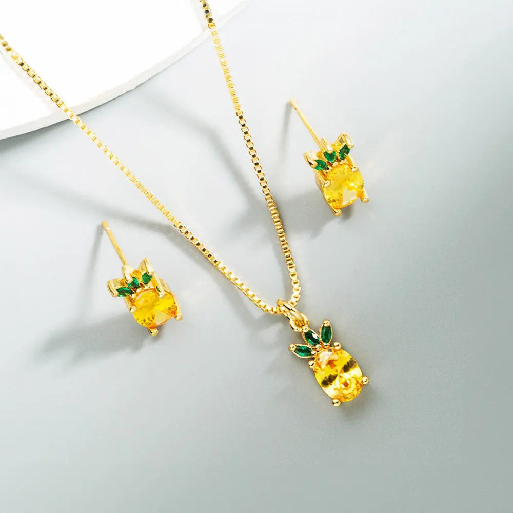 Tropical Fruit Zircon Jewelry Set – Strawberry and Pineapple Design - Gems Ritual
