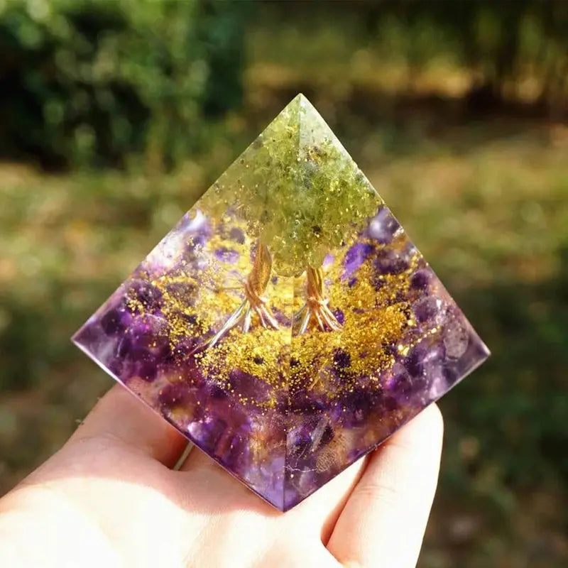 Crystal Orgonite Energy Pyramid – Reiki Infused Chakra Healing Decor Gems Ritual