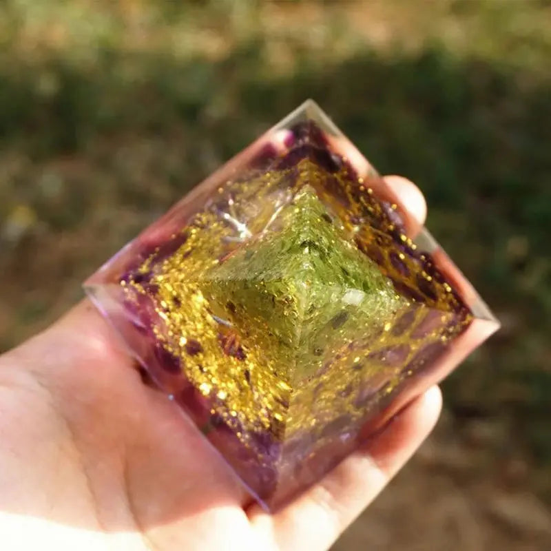 Crystal Orgonite Energy Pyramid – Reiki Infused Chakra Healing Decor Gems Ritual