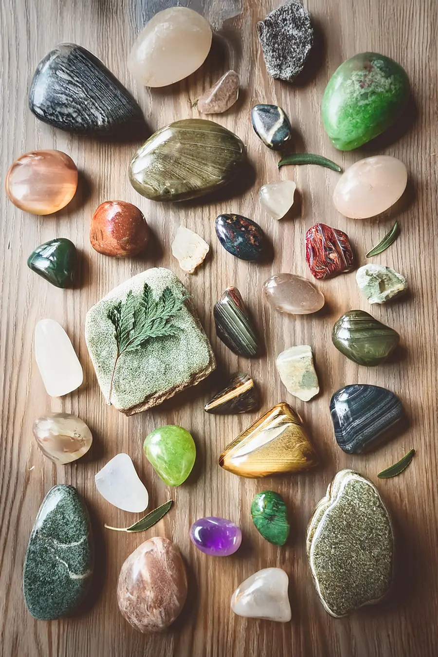 Raw and polished gemstones displayed with subtle natural elements, symbolizing energy balance and connection to nature.