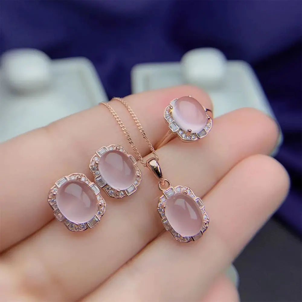Rose Quartz Jewelry Set – Healing Crystal Necklace, Earrings & Ring - Gems Ritual