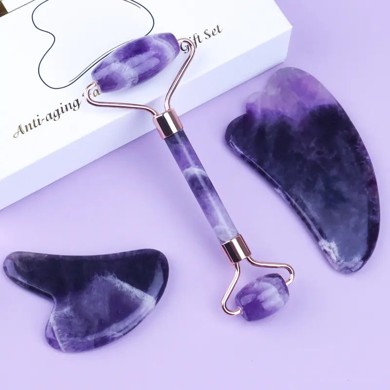 Premium Amethyst Face Roller & Scraping Tool Kit Gems Ritual