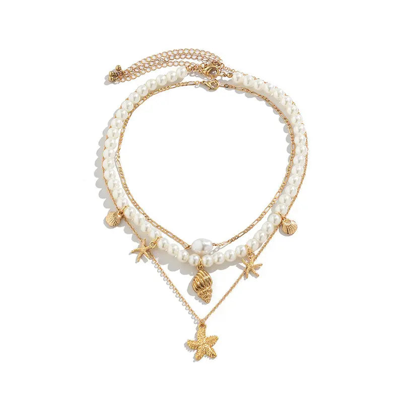 Starfish Pearl Shell Layered Necklace Set – 3-Piece Beach Jewelry - Gems Ritual