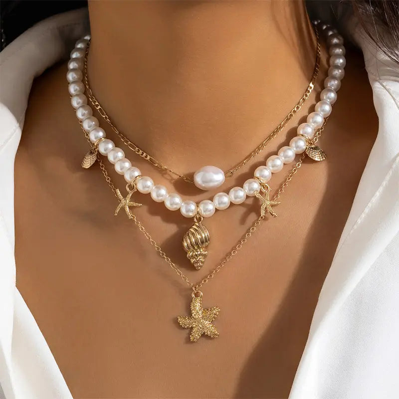 Starfish Pearl Shell Layered Necklace Set – 3-Piece Beach Jewelry - Gems Ritual