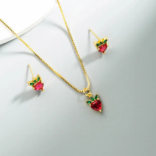 Tropical Fruit Zircon Jewelry Set – Strawberry and Pineapple Design - Gems Ritual