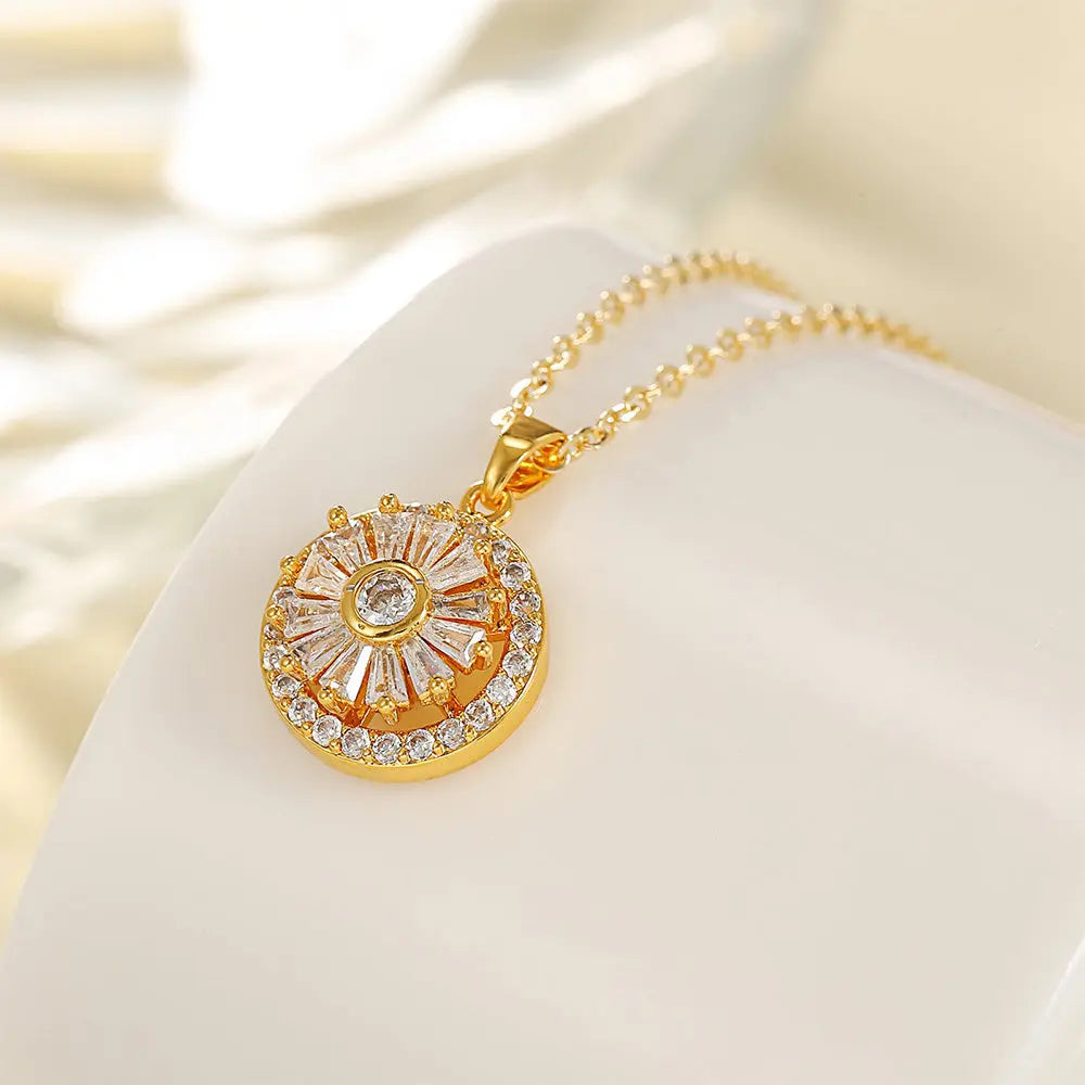 Elegant Sunburst Zircon Pendant Necklace – Gold-Plated Chain Design - Gems Ritual