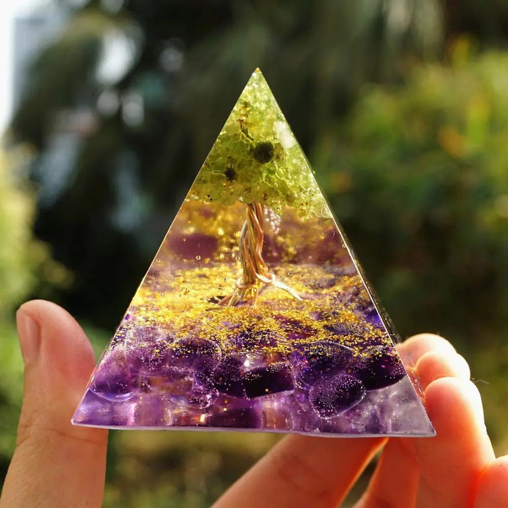 Crystal Orgonite Energy Pyramid – Reiki Infused Chakra Healing Decor Gems Ritual