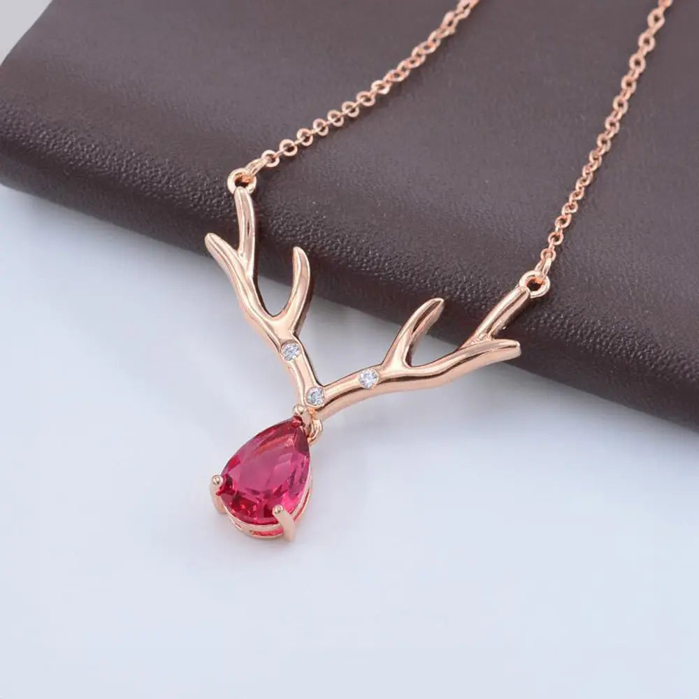 Zircon Antler Pendant Necklace – Teardrop Design in Silver or Rose Gold - Gems Ritual