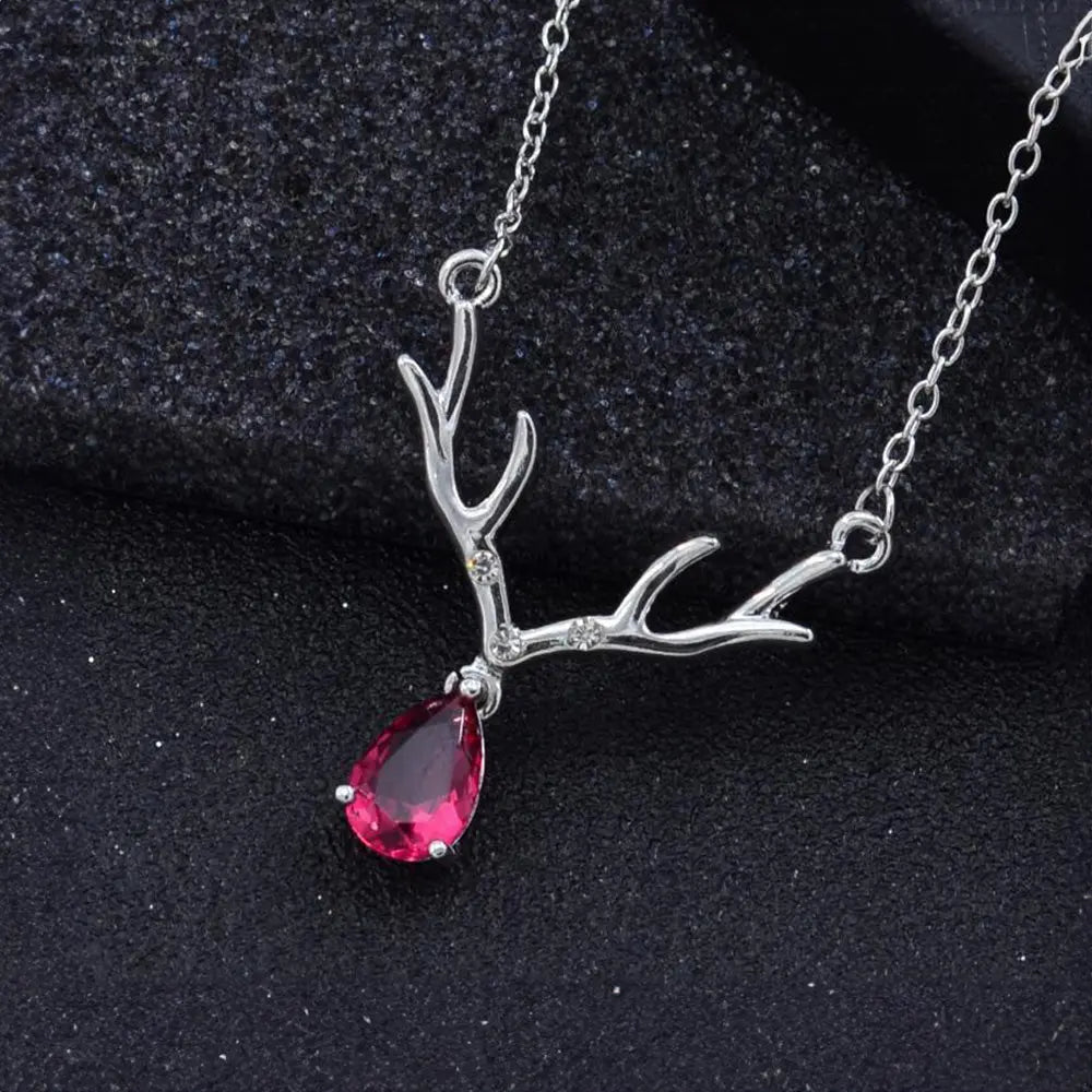Zircon Antler Pendant Necklace – Teardrop Design in Silver or Rose Gold - Gems Ritual
