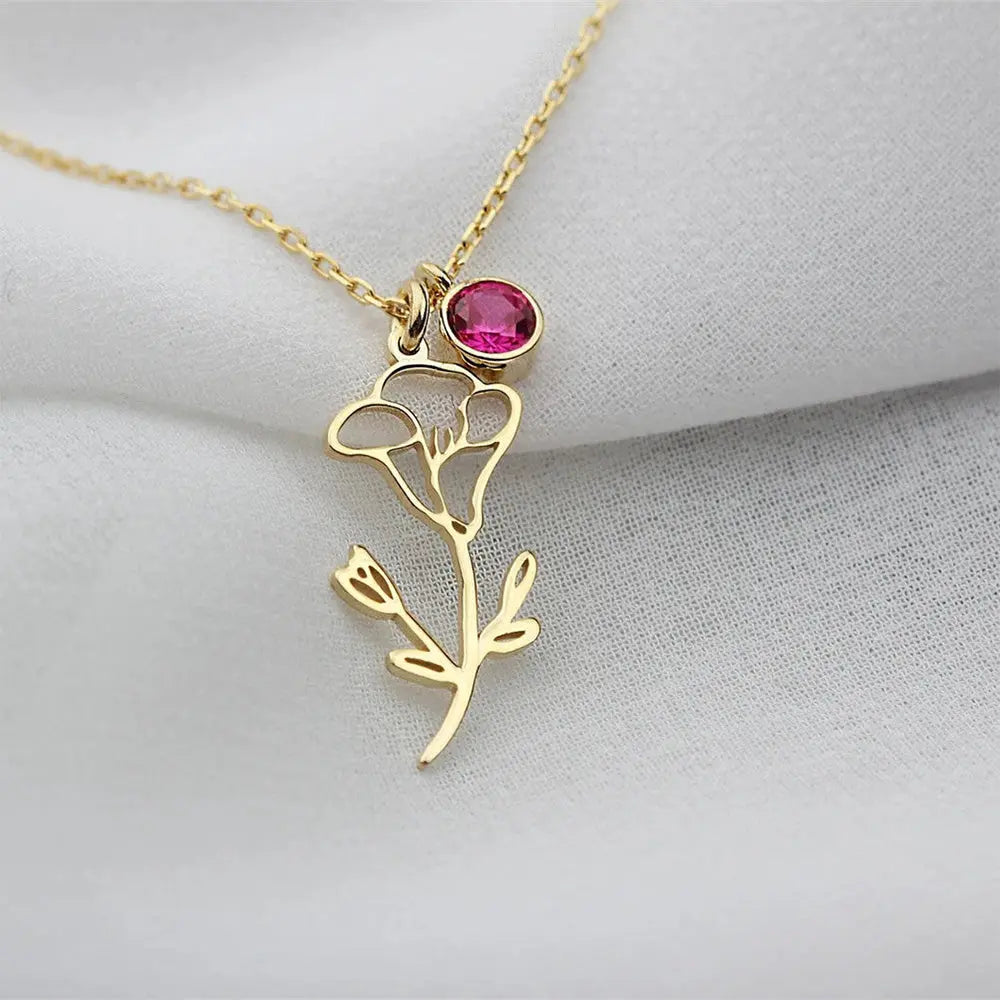 Personalized Birthstone Necklace – Elegant Zircon Flower Pendant Gems Ritual