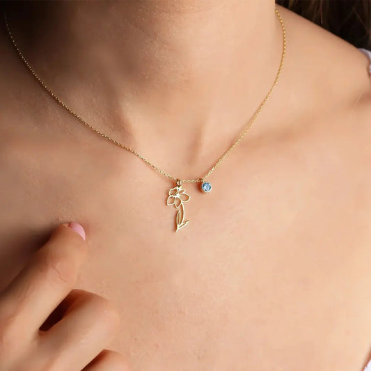 Personalized Birthstone Necklace – Elegant Zircon Flower Pendant Gems Ritual