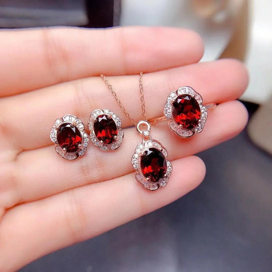 Radiant Garnet Jewelry Set - Necklace, Earrings, and Ring for Special Occasions - Gems Ritual