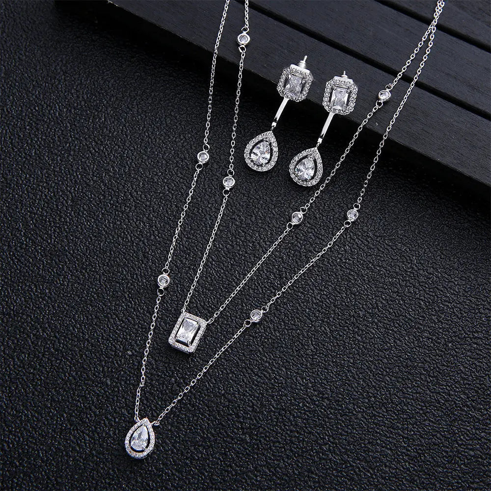 Elegant Zircon Set with Drop Earrings and Square Necklace - Gems Ritual