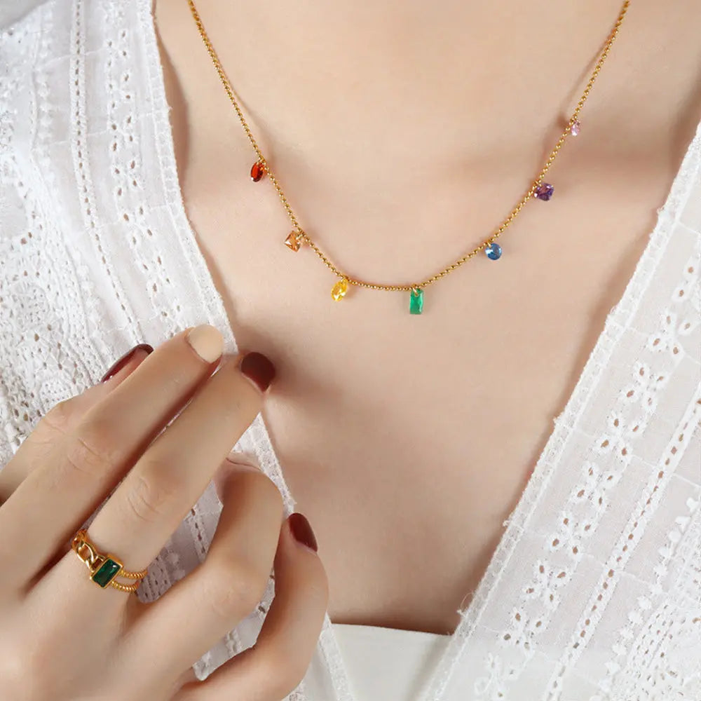 Minimalist Rainbow Gem Jewelry – Necklace and Bracelet Set Gems Ritual