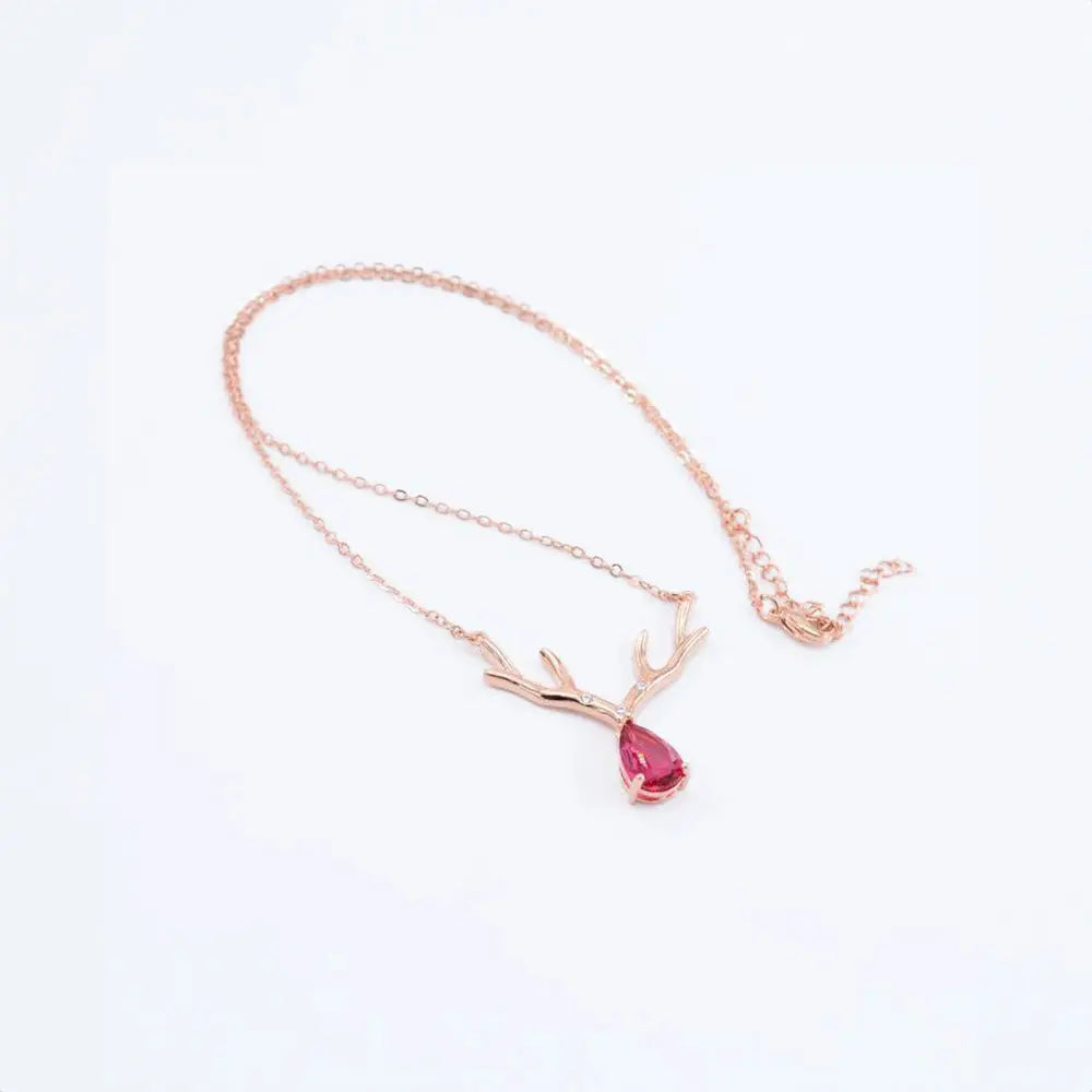 Zircon Antler Pendant Necklace – Teardrop Design in Silver or Rose Gold - Gems Ritual