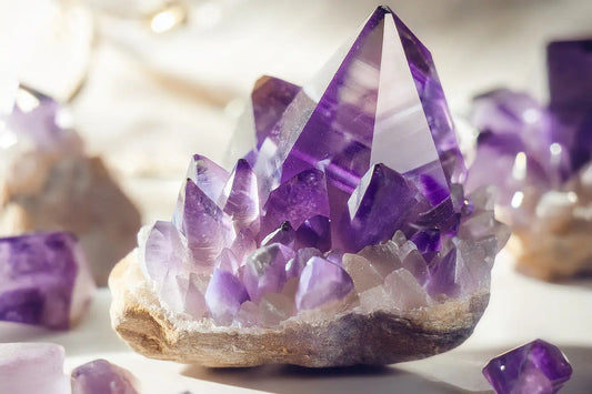 Amethyst crystals and jewelry symbolizing emotional balance and healing