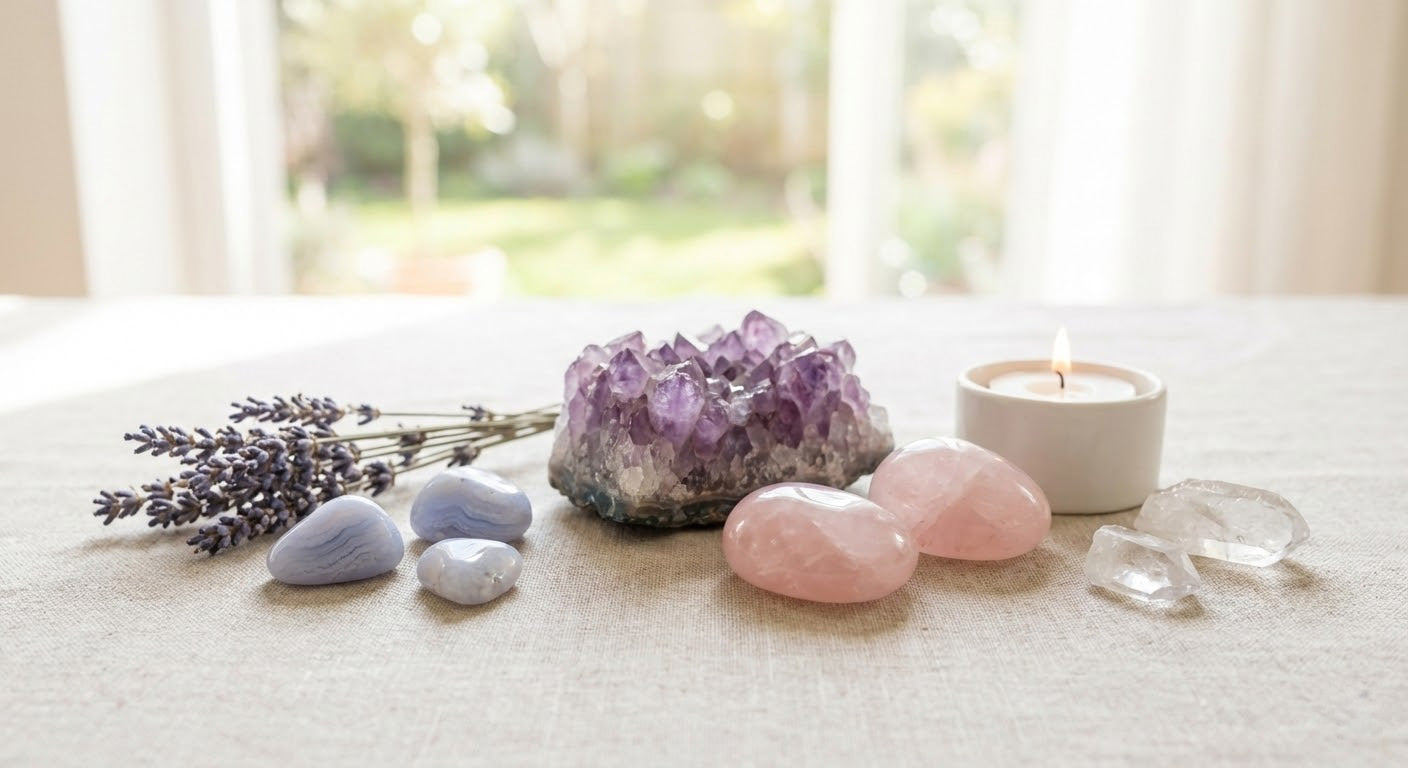 A tranquil arrangement of amethyst, rose quartz, and other soothing healing crystals used for anxiety relief and finding inner peace.