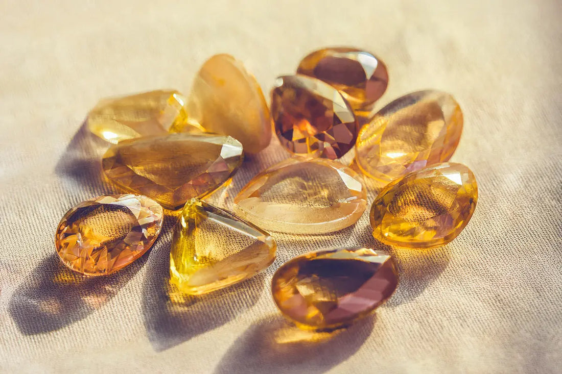 Citrine gemstones in warm golden tones symbolizing positivity and abundance