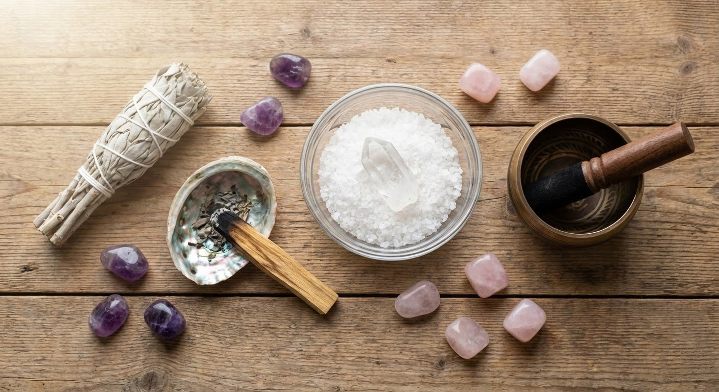 A flat lay composition showing various crystal cleansing methods including sage smudge, sea salt, and a singing bowl arranged with healing stones.
