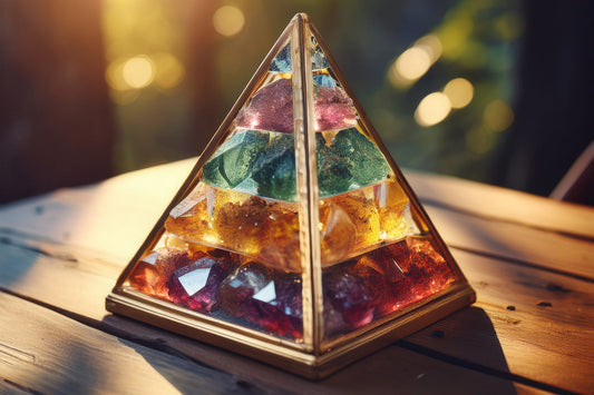 Orgonite pyramid with natural crystals placed on wooden table in daylight.